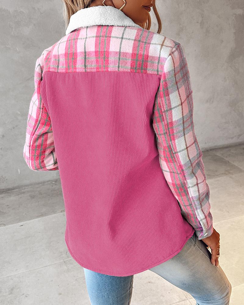Colorblock Plaid Print Corduroy Lined Shacket