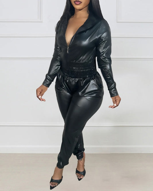 Zipper Design PU Leather Top & Pants Set