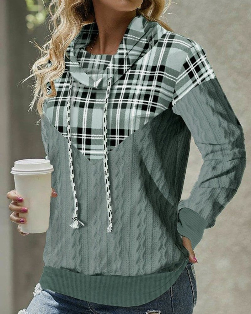 Plaid Print Cable Textured Hooded Sweatshirt