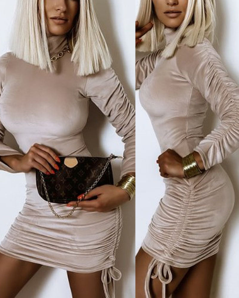 Velvet Drawstring Ruched Bodycon Dress