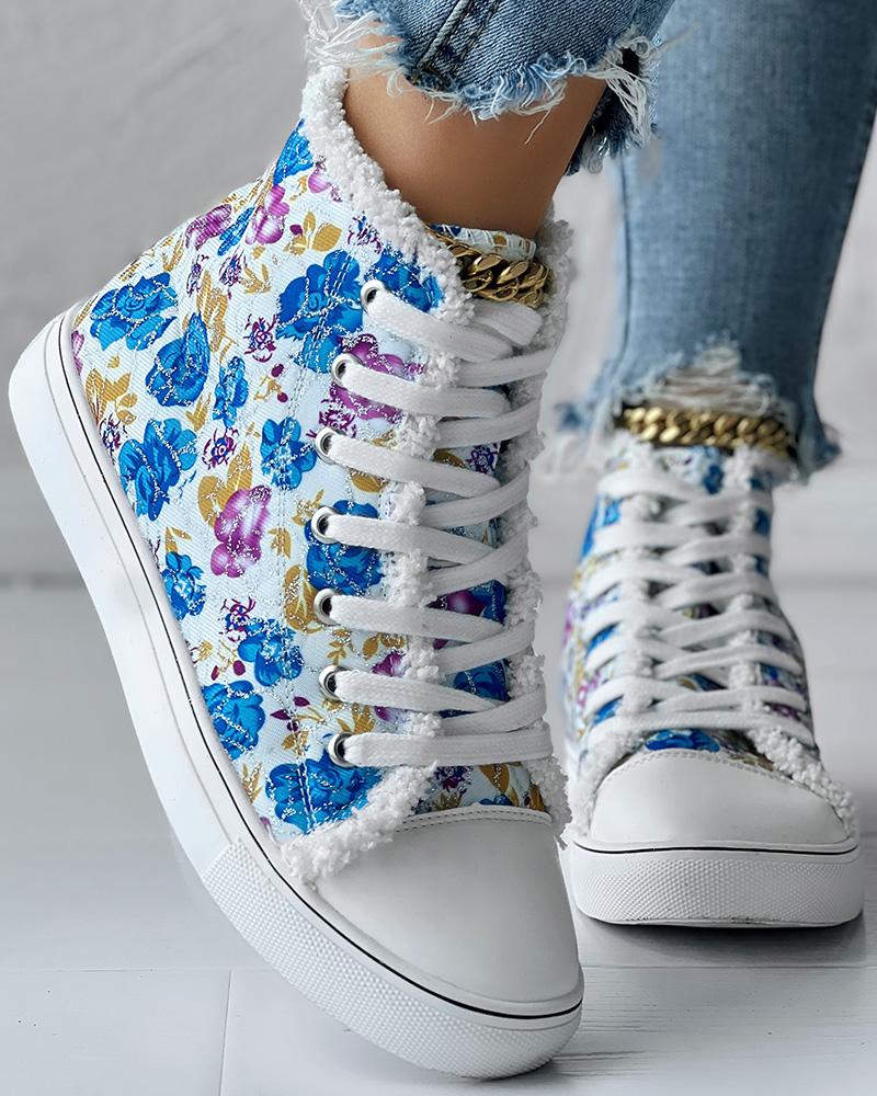 Glitter Floral Print Lace up Lined Ankle Boots