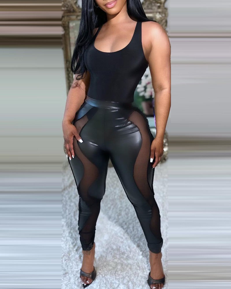 Sheer Mesh Patch PU Leather Pants