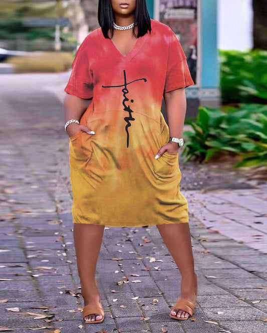 Letter Print Ombre Pocket Detail Casual Dress