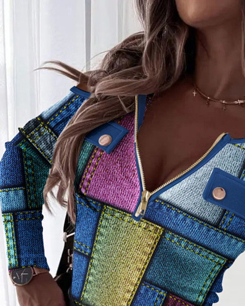 Denim Look Print Cold Shoulder Zipper Design Top