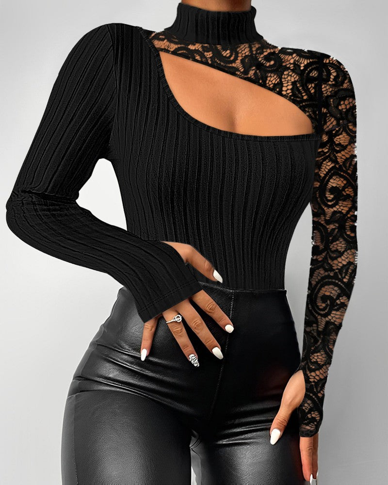 Cutout Lace Patch Mock Neck Ribbed Top