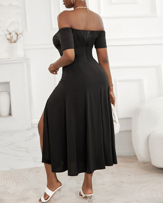 Off Shoulder Button Front High Slit Dress