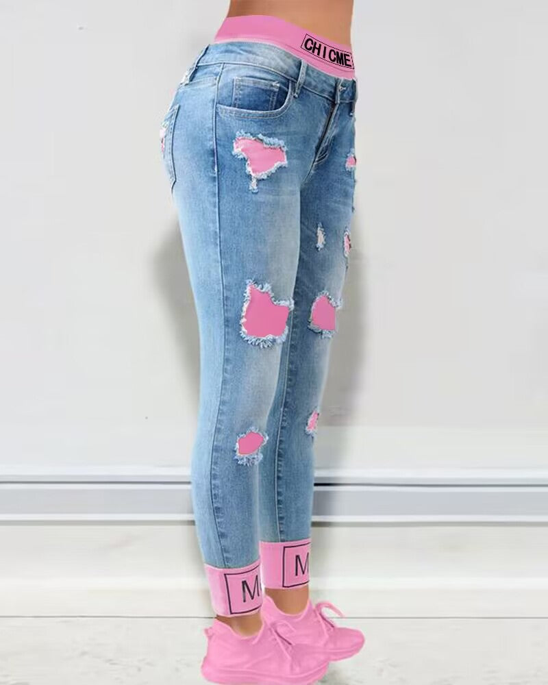 ChicMe Fake Two Piece Patchwork Cutout Ripped Jeans