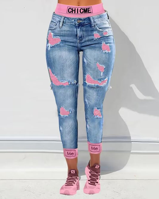 ChicMe Fake Two Piece Patchwork Cutout Ripped Jeans