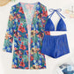 Halter Textured Bikini Top & Shorts Set With Floral Tropical Print Coat
