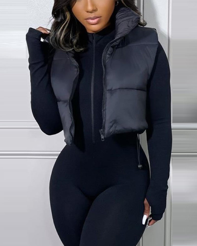 Plaid Print Zip Up Gilet Puffer Jacket