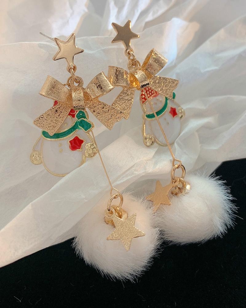 Christmas Bowknot Snowman Pattern Pom Pom Drop Earrings