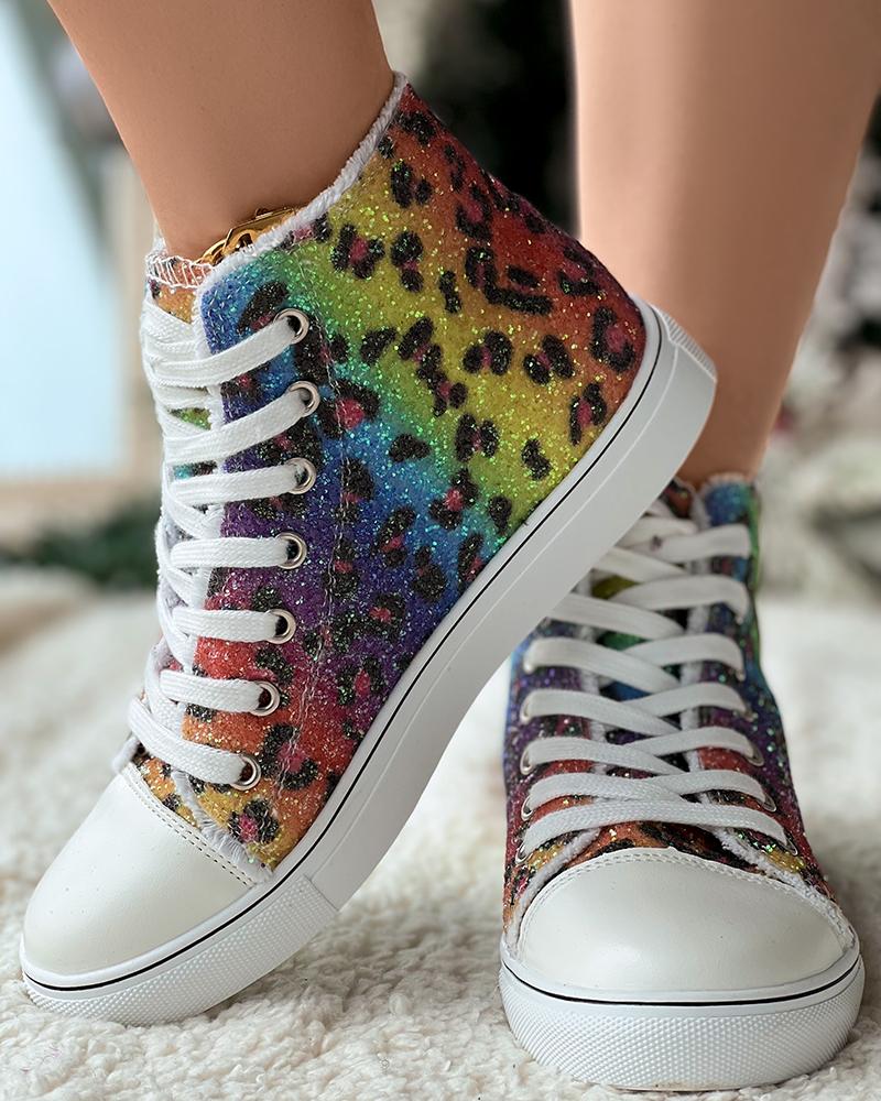 Leopard Rainbow Ombre Glitter Canvas Sneakers Ankle Boots