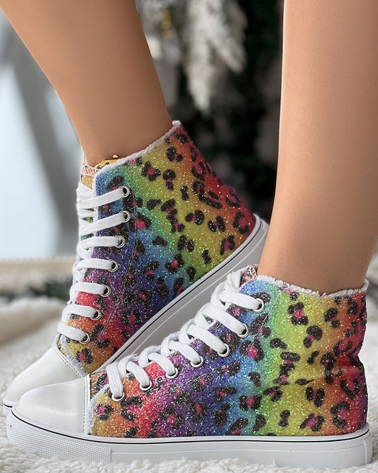 Leopard Rainbow Ombre Glitter Canvas Sneakers Ankle Boots