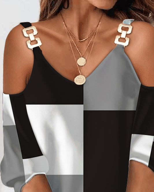 Geometric Print Cold Shoulder Casual Dress
