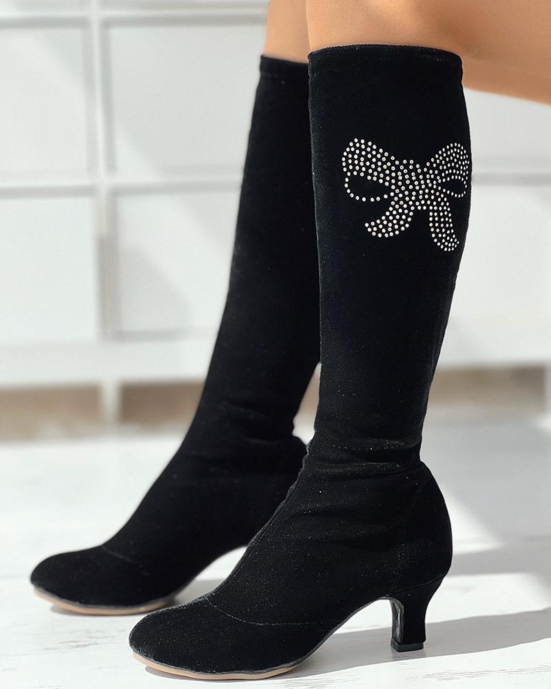 Rhinestone Bowknot Pattern Dancing Boots