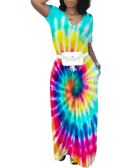 Colorful Tie Dye Print Short Sleeve Maxi Dress
