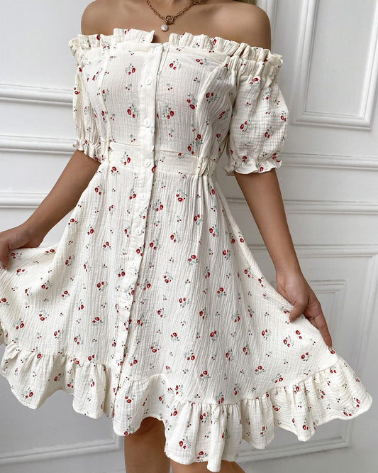 Off Shoulder Frill Hem Ditsy Floral Print Dress