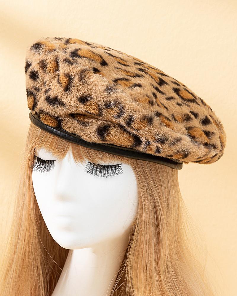 Leopard Fuzzy Winter Beret Cap