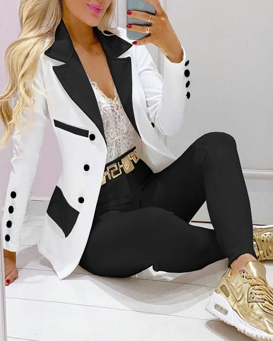 Double Breasted Blazer Coat & Plain Pants Set