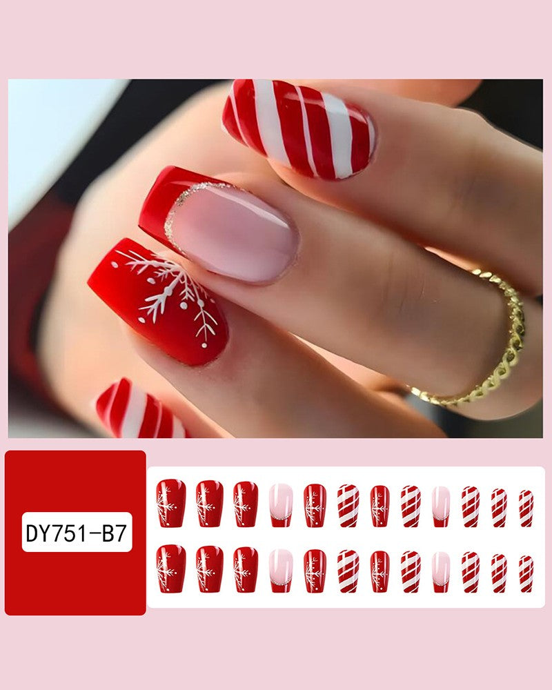 24pcs Christmas Striped Snowflake Design Glossy Press on Coffin False Nails Set