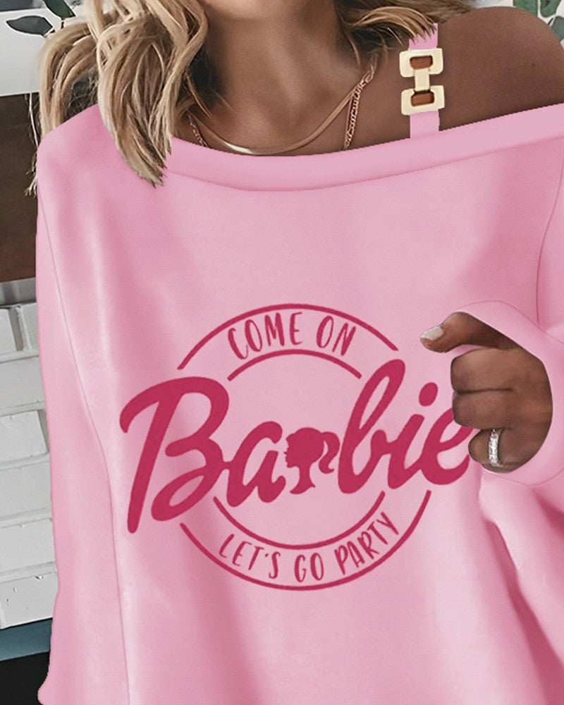 Come On Barbie Let's Go Party Print Cold Shoulder Chain Decor Top