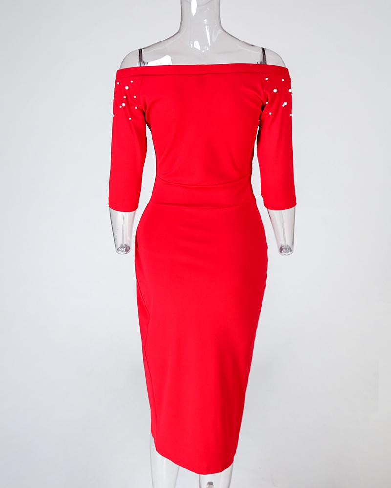 Off Shoulder Beaded Ruched Party Dress