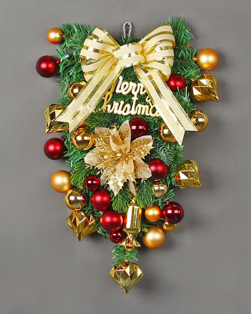 1pcs Christmas Poinsettia Swag Garland Wreath Xmas Balls Bowknot Decor Front Door Hanging Decoration