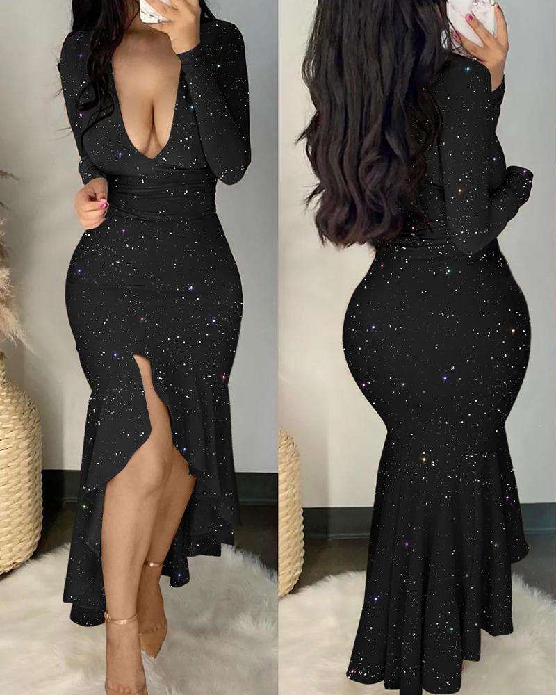 Glitter Long Sleeve Deep V Neck Mermaid Dress
