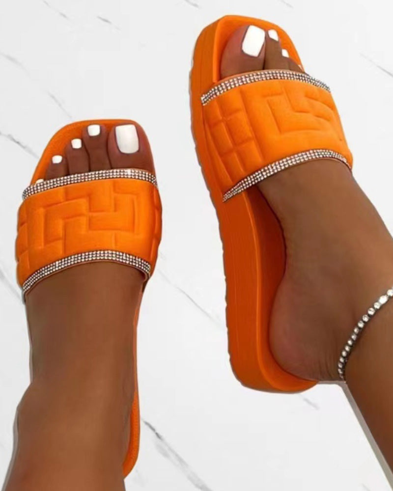 Rhinestone Contrast Paneled Wide Strap Slippers