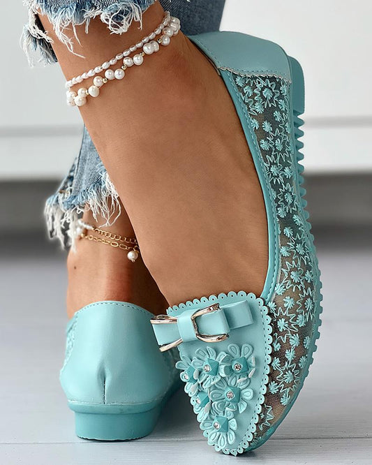 Floral Embroidery Bowknot Decor Work Loafers
