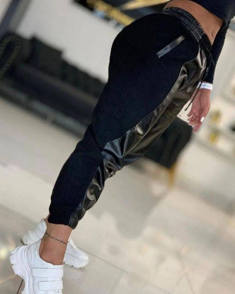 Plus Size Contrast PU Leather Drawstring Cuffed Pants