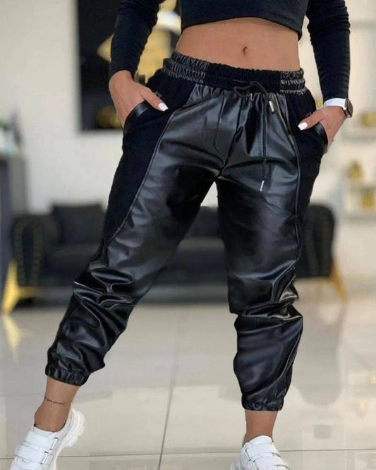 Plus Size Contrast PU Leather Drawstring Cuffed Pants