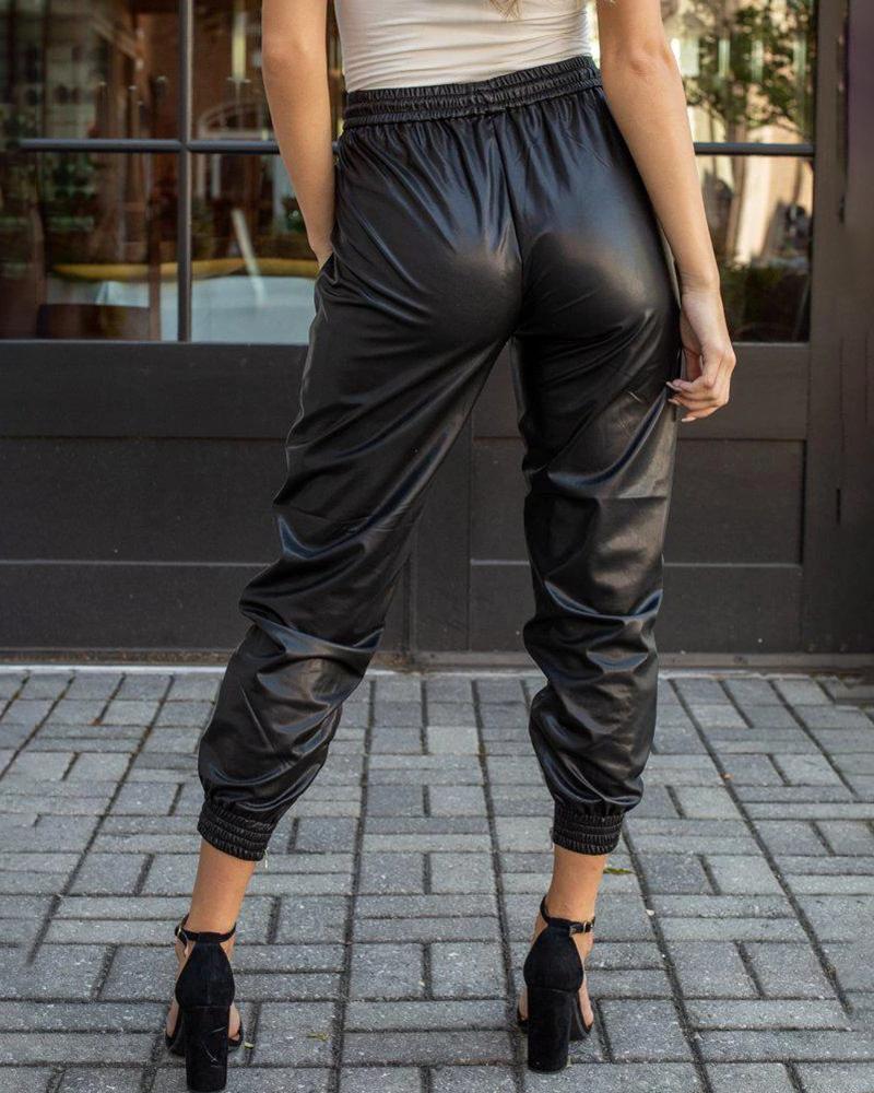 Elastic Waist Zipper Detail PU Pants