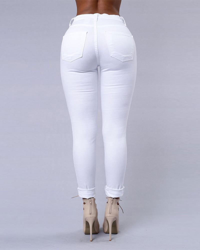 Zipper Fly Ladder Cutout Ripped Skinny Jeans