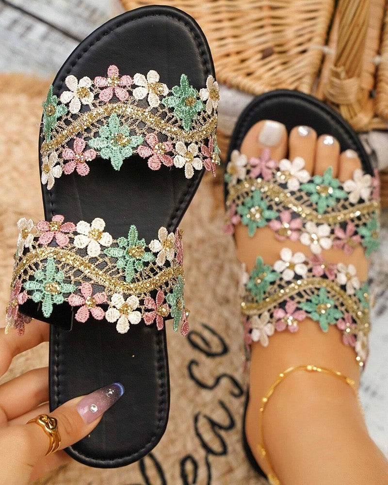 Lace Floral Double Strap Summer Beach Slippers