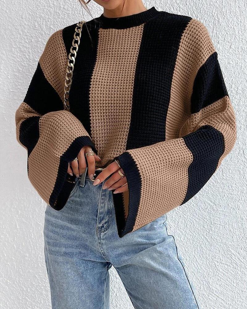 Striped Colorblock O Neck Knit Sweater