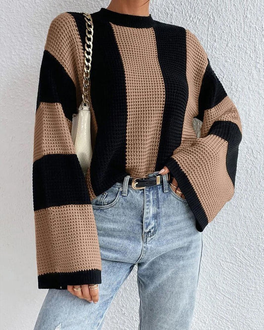 Striped Colorblock O Neck Knit Sweater