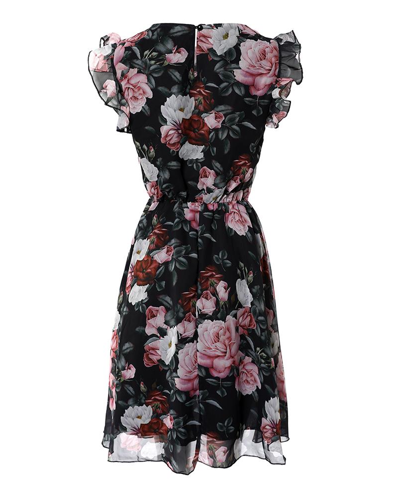 Floral Print Flutter Sleeve Chiffon Dress