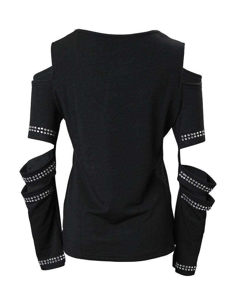 Rhinestone Decor Cold Shoulder Top