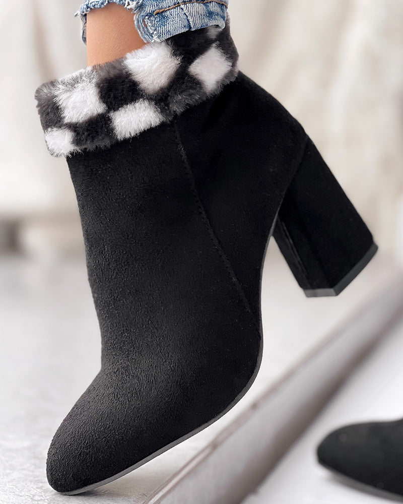 Fuzzy Plaid Detail Chunky Heel Ankle Boots