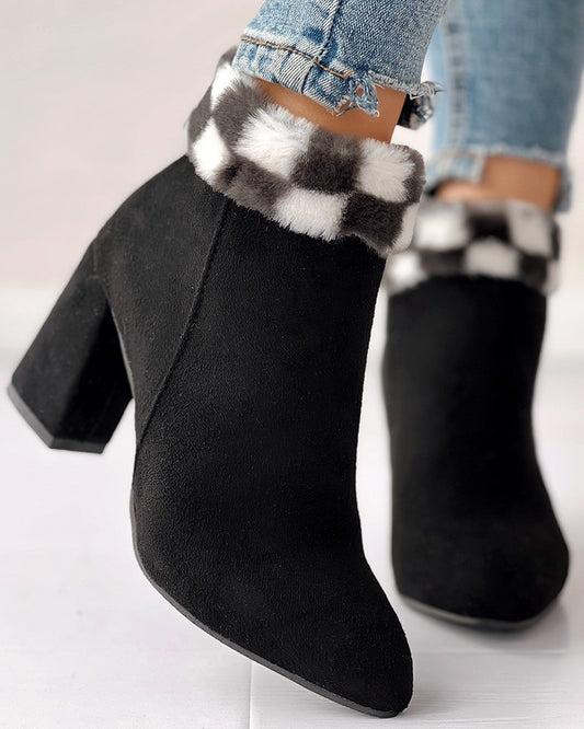 Fuzzy Plaid Detail Chunky Heel Ankle Boots