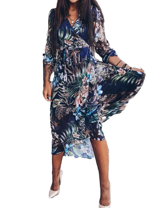 Cutout Sleeve Tropical Print Dress