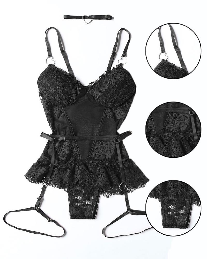 Heart Ring Link Lace Garter Teddy With Choker
