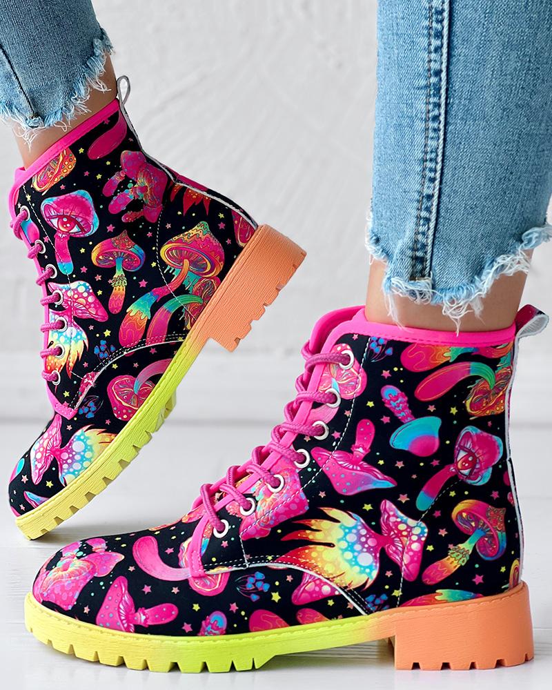 Colorful Figure Mushroom Print Ombre Lace up Ankle Boots