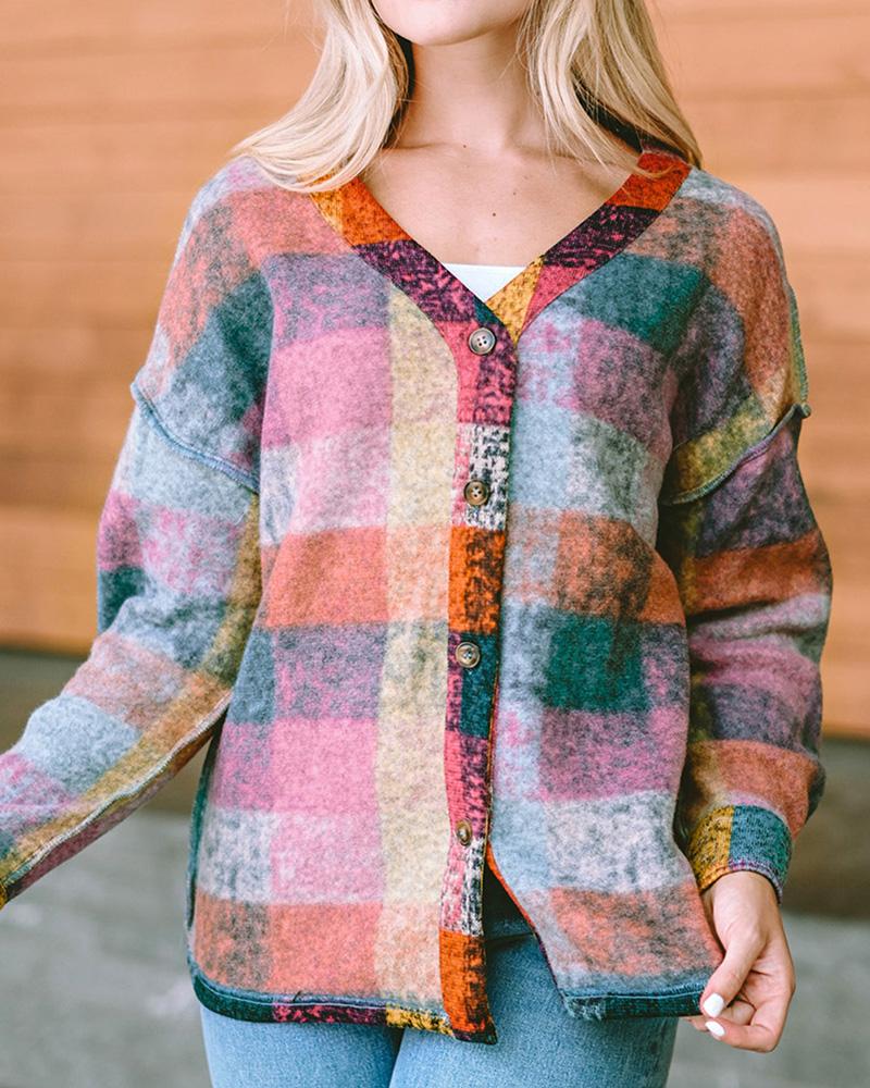 Plaid Print Buttoned Contrast Piping Coat