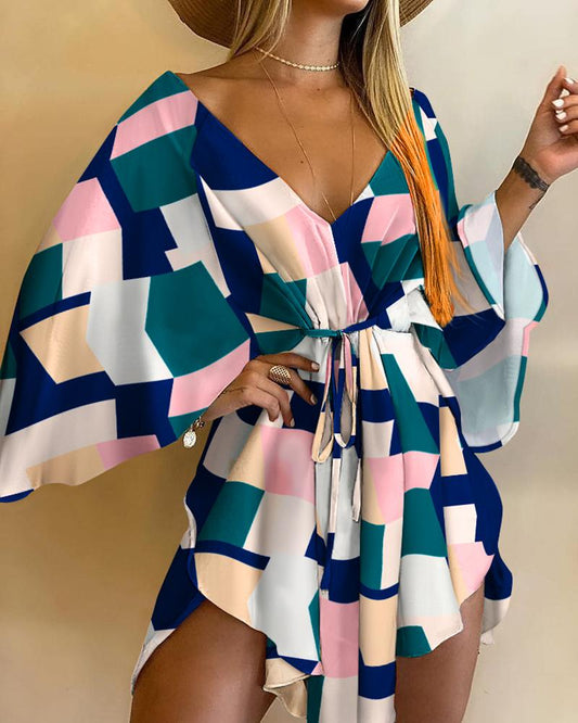 Geometric Print Batwing Sleeve Asymmetrical Dress