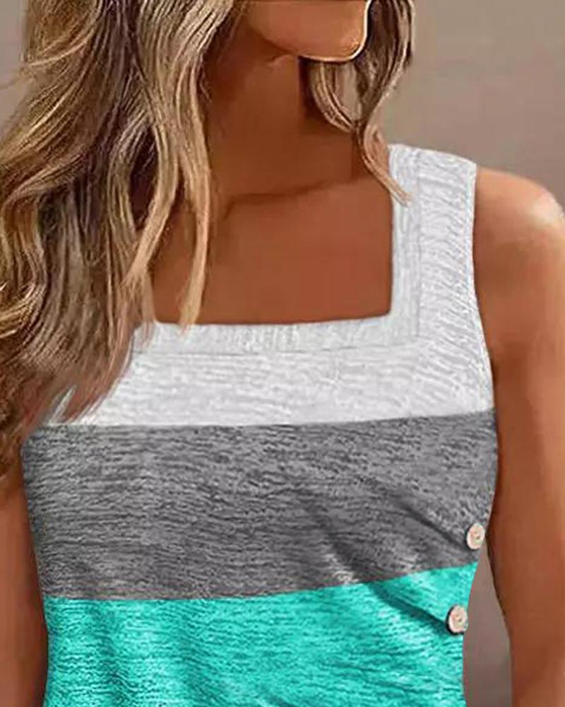 Colorblock Striped Ruched Buttoned Tank Top