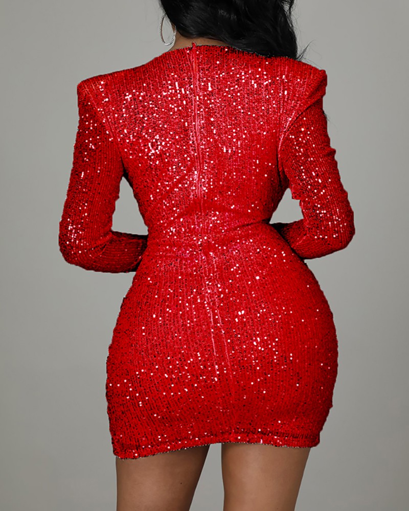 Twisted Front Plunge Long Sleeve Sequins Dress