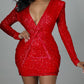 Twisted Front Plunge Long Sleeve Sequins Dress