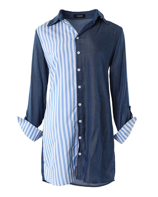 Striped Colorblock Buttoned Shirt Dress
